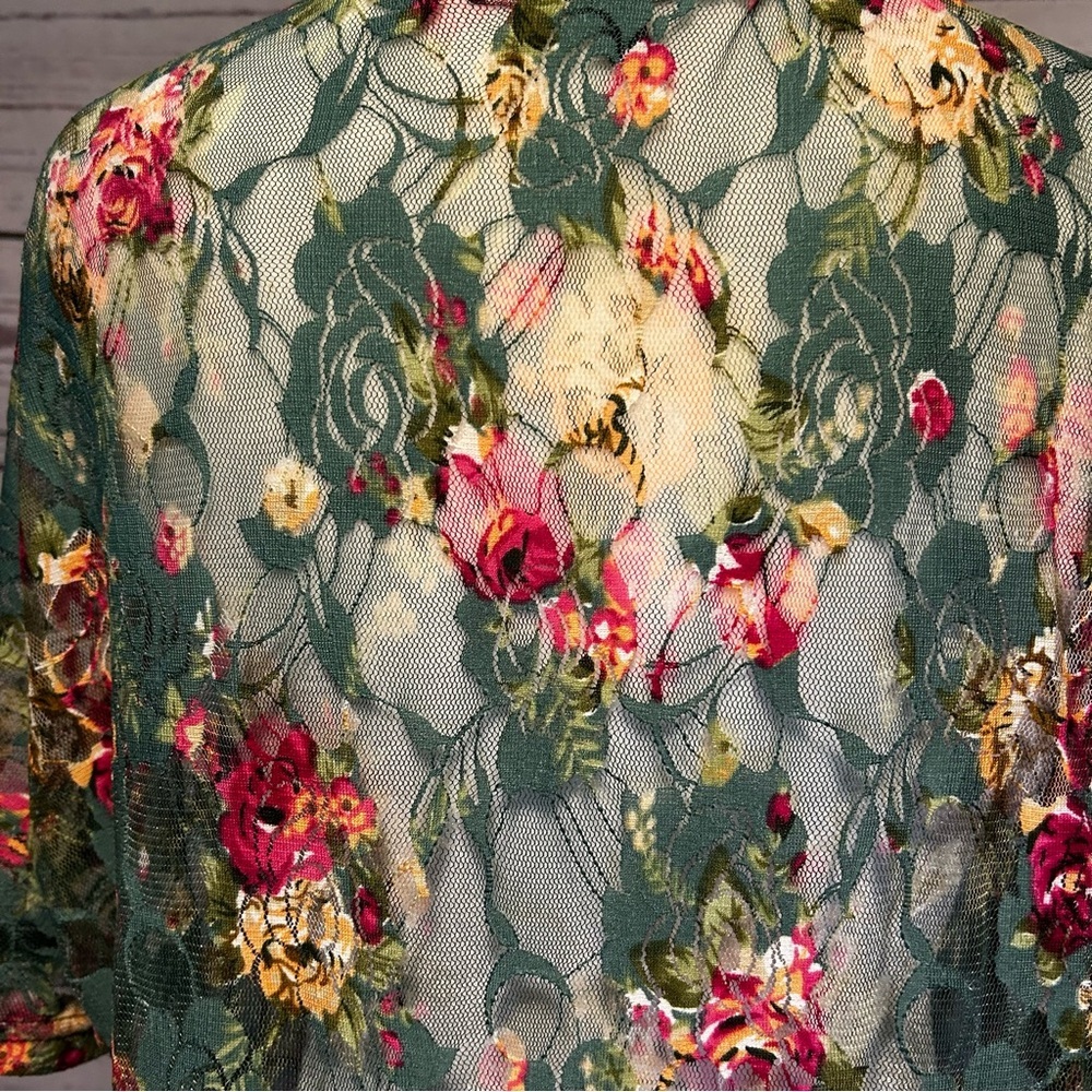 Sweat Rain Floral Fringe Kimono Cardigan Size Medium | Green Lace Boho - Picture 5 of 6